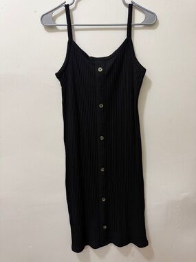 Black Ribbed Button-Front Midi Slip Dress
